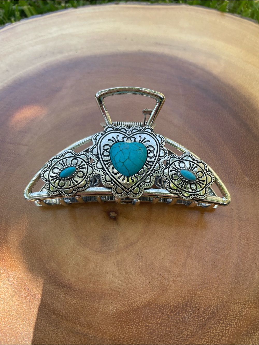 Turquoise Floral Heart Hair Claw Clip - Silver Tone